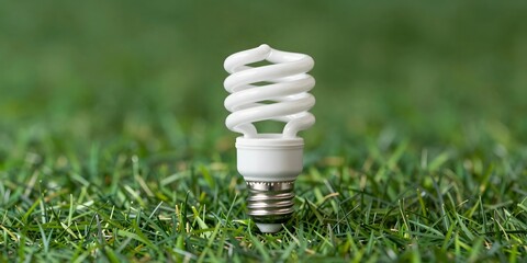 Compact fluorescent light bulb lying on green grass