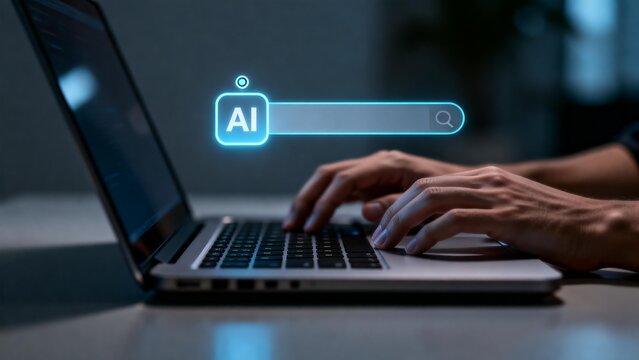 Hands typing on laptop with AI search graphic - Powered by Adobe