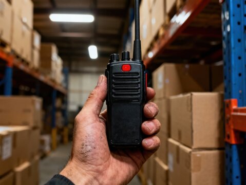 Industrial communication device held in a hand against a backdrop of organized warehouse shelves