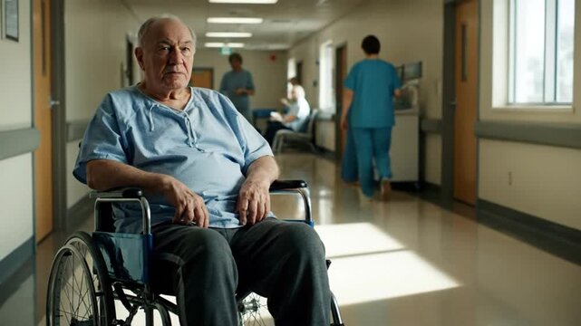 Thoughtful senior man in wheelchair in hospital corridor with healthcare staff