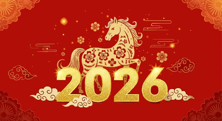 The symbol of the new year 2026 is a golden horse on a red traditional Chinese background