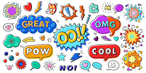 Colorful doodle illustrations with speech bubbles and expressive cartoon elements