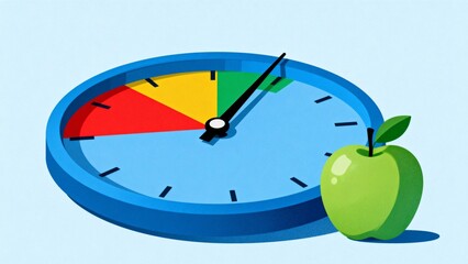 Clock with colored segments and green apple