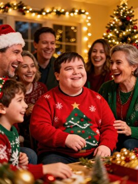 Joyful family and friends celebrating the festive holiday season together with laughter and smiles
