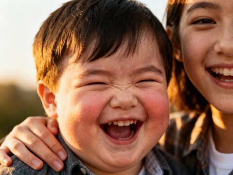 Joyful expressions of laughter between siblings with radiant and warm smiles