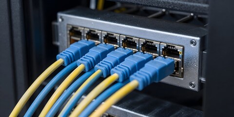 Network cables plugged into a switch show connectivity in a server room