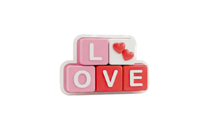 3D Rendering of "LOVE" spelled out with colorful blocks and hearts