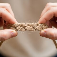 Braided jute rope manipulation in artisan hands forming intricate detail