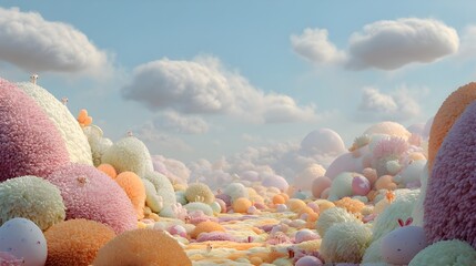 Surreal Easter Dreamland with Pastel Furry Hills and Colorful Eggs under Blue Sky