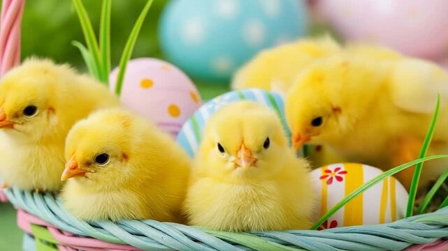 Adorable fluffy yellow chicks near decorated Easter basket