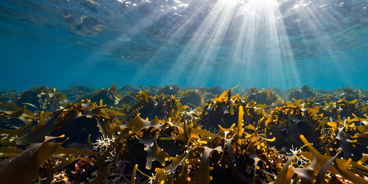 Sunlight streams through clear ocean water and illuminates swaying brown kelp forest