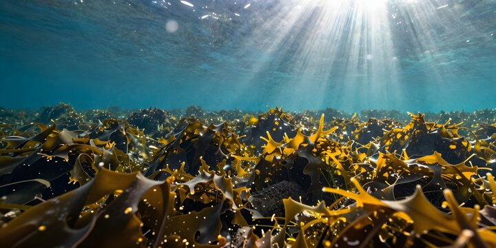 Underwater world with sunbeams shining through the clear blue water and illuminating brown seaweeds