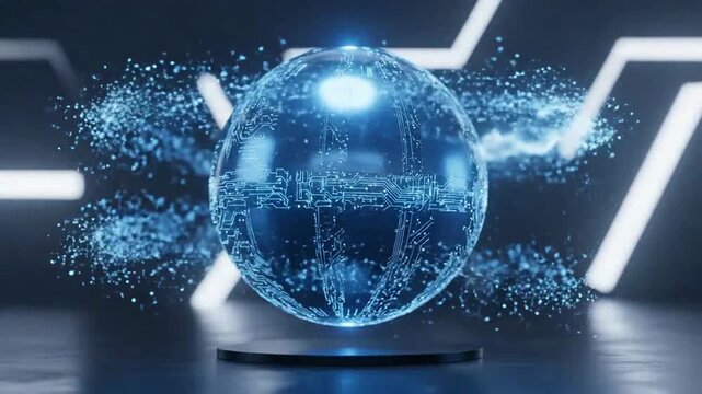Glowing circuit board sphere with electrical energy, representing cutting edge technology.