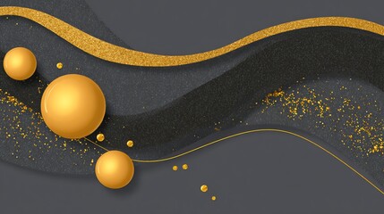 Elegant abstract artwork with undulating gray, black, and gold wavy layers with golden spheres