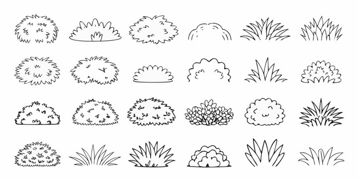 Collection of hand drawn bushes and tree tops in a simple black and white style