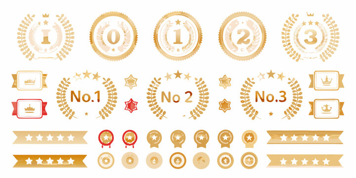 Collection of golden badges ribbons and award elements for ranking and recognition
