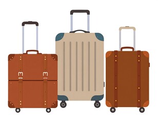 Three suitcases, two brown and one beige, stand in a row with extended handles, on a white background