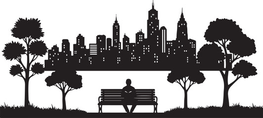 Obraz premium A person sits on a bench in a park with a city skyline in the background