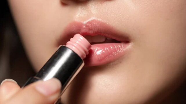 Close up of a woman applying pink lip balm for hydrated lips