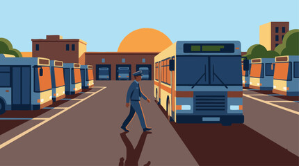 Bus driver starting the morning shift at a bus depot, walking toward a parked city bus at sunrise, flat vector illustration, solid colour palette, minimal shading, clean geometric shapes, wide scene  © WealthyMinion