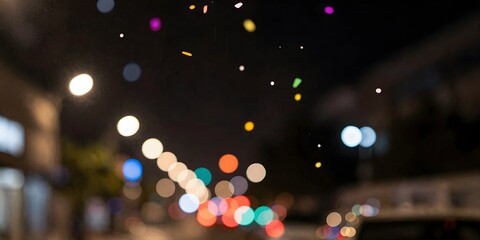 Abstract view of city lights at night through a window with water droplets