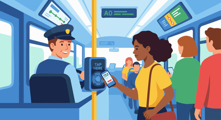 “Bus driver monitoring passengers tapping digital tickets at the bus entrance, contactless payment device visible, flat vector illustration, solid colours, modern public transport theme.” © WealthyMinion