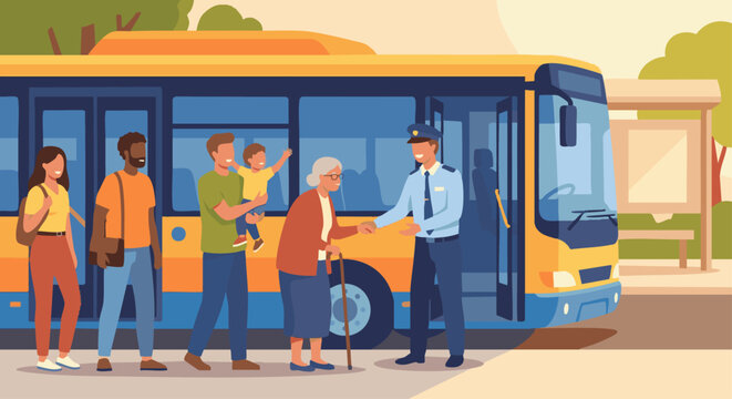 &ldquo;Bus driver opening bus doors and assisting passengers boarding, including elderly and children, flat vector illustration, solid colour fills, friendly public service atmosphere
