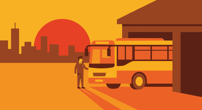 &ldquo;Bus driver parking the bus at sunset after finishing the route, warm solid colour palette, flat vector illustration, no gradients, minimal skyline and depot background.&rdquo;