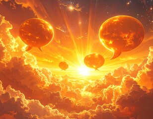 Surreal digital art depicts floating orbs against a celestial background with clouds and bright light