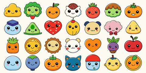 30 Kawaii Fruit & Animal Friend Icons - Cute Vector Character Set, funny cartoon monsters