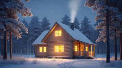 Serene winter scene with a cozy cabin nestled in snowcovered trees, perfect for seasonal and naturethemed designs or backgrounds.