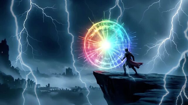 A lone warrior stands on a cliff holding a sword as lightning erupts around him, forming a dramatic scene of power, danger, determination, and mystical strength against a stormy and unpredictable sky