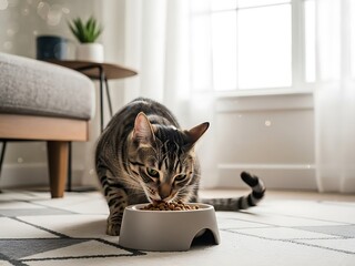 Domestic tabby cat savouring a meal in a cozy and illuminated home setting