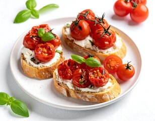 Three crostini topped with roasted cherry tomatoes, creamy cheese, and fresh basil, artfully arranged on a plate