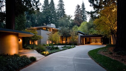 Modern house with driveway surrounded by lush green trees and landscape