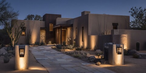 Modern illuminated house exterior at dusk showcasing architecture and lighting