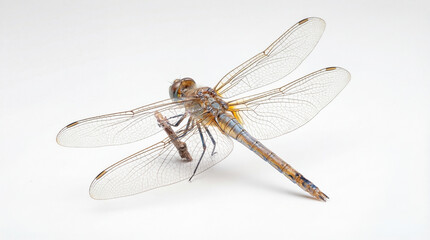 Close-up of a delicate dragonfly perched on a thin branch against a bright white background