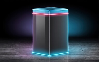 Modern illuminated pedestal display with neon lighting for product presentation