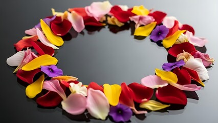 Elegant floral wreath of vibrant petals on reflective surface backdrop