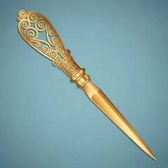 Elegant gold letter opener with ornate handle on teal background