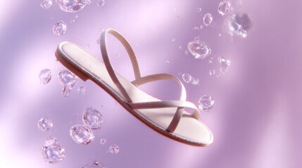 Single sandal floating with bubbles, soft pink background, minimal style, dreamy mood