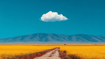 A picturesque view of a dirt road through a field of yellow flowers, leading to mountains with a cloud overhead
