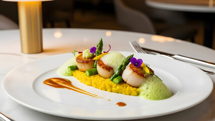 Seared scallops, asparagus, and foams plated beautifully for food blogs, menus, restaurant promotions, culinary prints, and gourmetthemed designs.