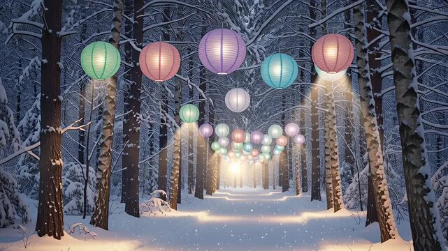 Magical Winter Forest Path Illuminated by Colorful Lanterns.