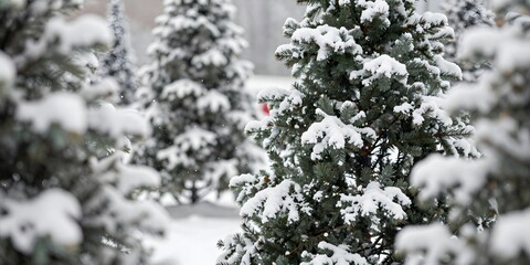 Obraz premium Snow covered christmas trees create a winter wonderland scene in a forest