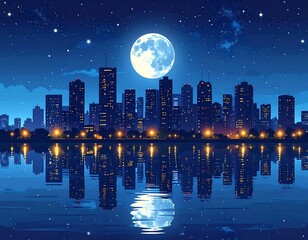Night city skyline reflected in water under a bright moon with stars