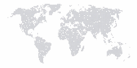 A dotted world map illustration showing continents and oceans in grayscale