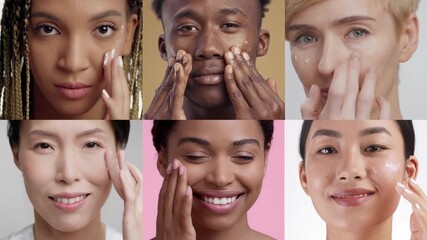 A collage showcases people of various backgrounds participating in skin care routines at home. Each person applies cream and enjoys a moment of self-care and pampering, embracing beauty.