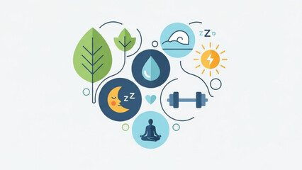 Fototapeta premium Wellness and self care concept with icons representing healthy lifestyle, sleep, exercise