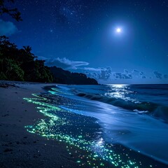 Night beach scene illuminated by moon and stars, glowing water